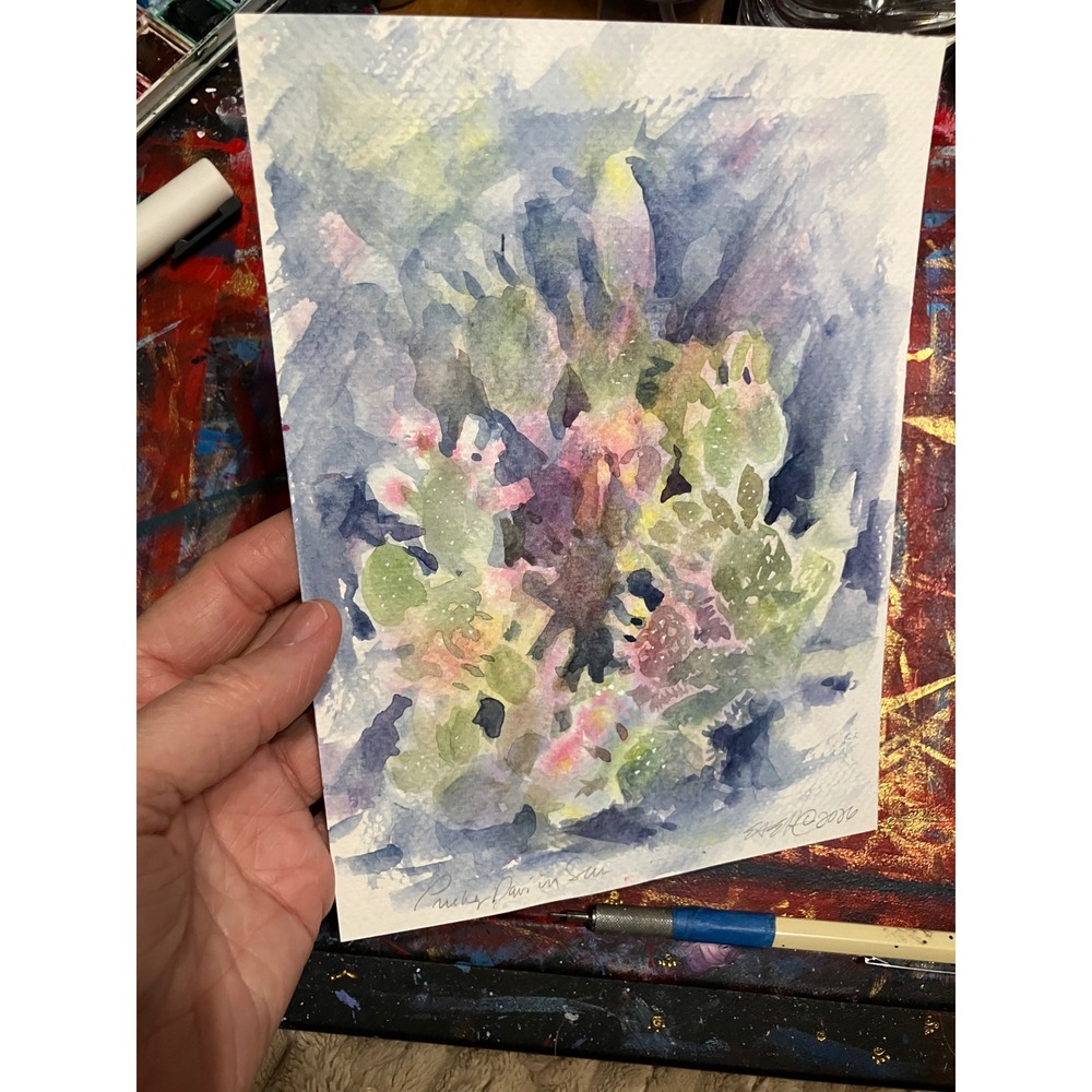 Prickly pear cactus original painting signed desert art southwest Artettina USA - Picture 4 of 8
